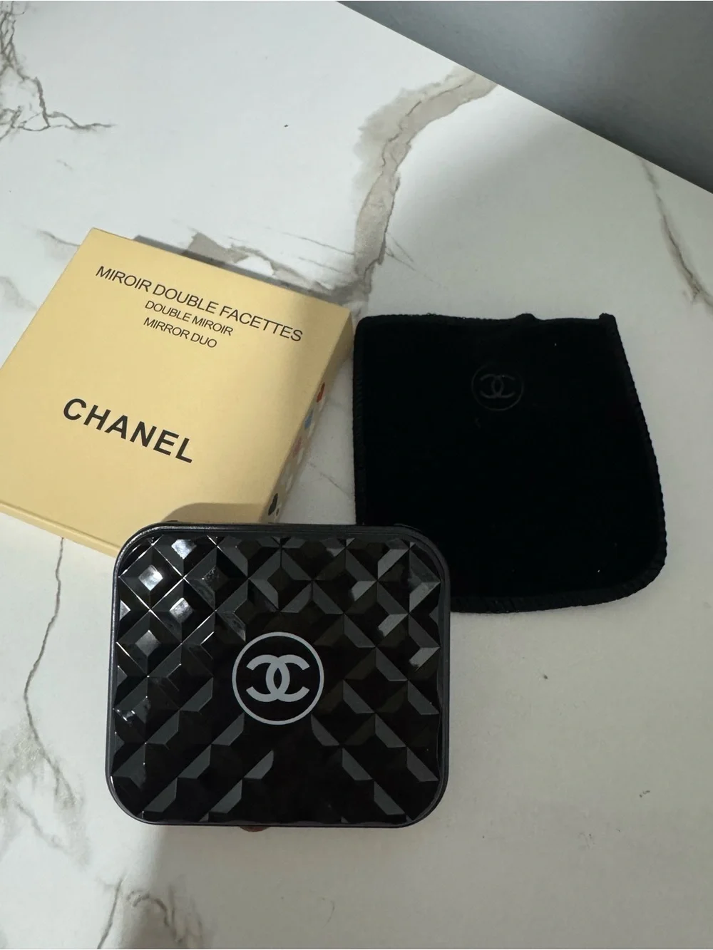 CHANEL Black & Gold Compact Double Mirror with Quilted Lid